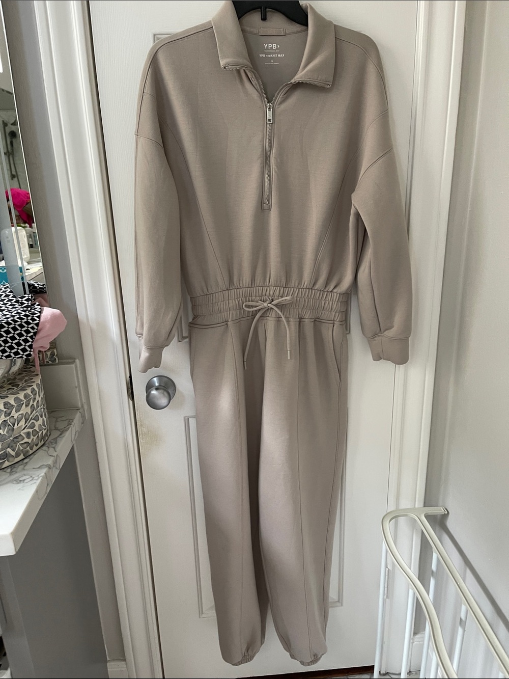 YPB Taupe Half-Zip Drawstring Jumpsuit